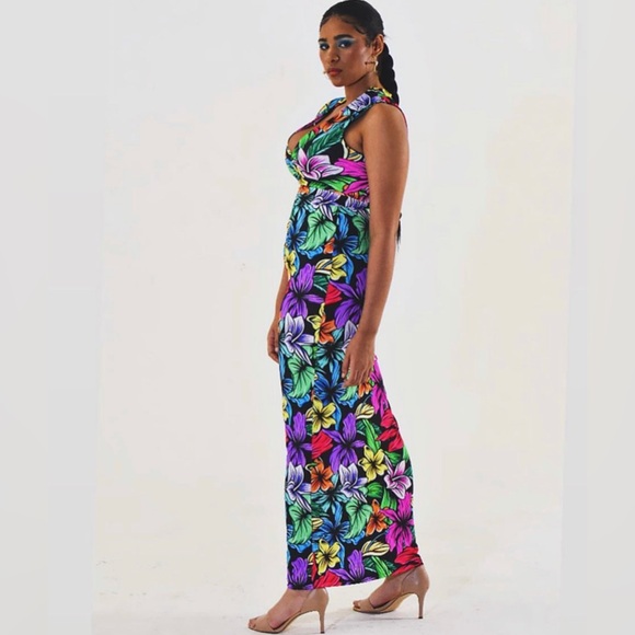 Long sleeveless floral multicolored gown spandex handmade size large med maxi - Picture 3 of 3